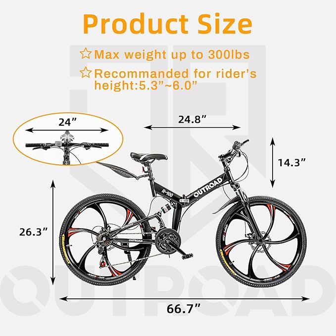 26 Inch Folding Mountain Bike with High Carbon Steel, 21 Speed City Bike with Dual Suspension, Folding Bicycle for Adults Men and Women