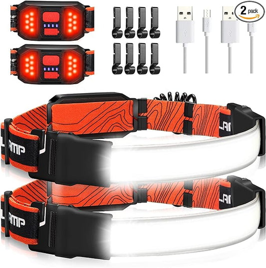 2 Packs Rechargeable Headlamp, 230°Wide-Angle 1000 Lumens Headlamp Flashlight with Red Taillight 3 Light Modes Lightweight LED Head Lamp Adjustable Waterproof Head Light for Running Cycling