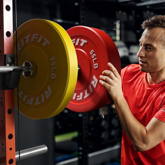 RitFit Color Coded Olympic Bumper Plate for Barbell - 2-Inch Weight Plates With Steel Insert, Rubber Weights for Strength Training in Home Gym