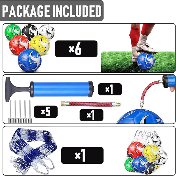 6 Pack Size 5/4/3 Soccer Balls for Training & Matches – Official Size & Weight, Includes Carry Net, Needles, Air Pump – Ideal for Youth and Adult Players