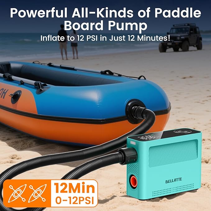 Electric Paddle Board Pump 150PSI - 4X Faster SUP Pump, Auto Air Compressor for SUP, Car Tires, Bike, Ball, Kayak, Tent, Float (Portable & All-in-One)