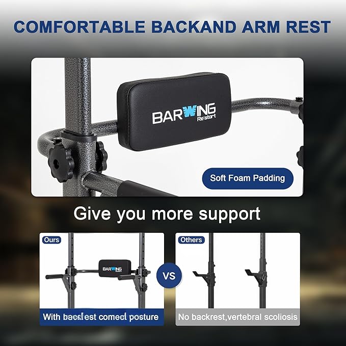 BARWING Pull Up Bar Station, Power Tower, Dip Station with 3D Backrest, Multi-Function Strength Training Stand Rack, Adjustable Height Dip Bar for Home Gym Workout Stand Fitness Exercise Equipment