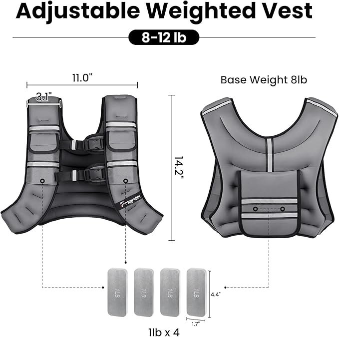 Fragraim Adjustable Weighted Vest for Women Men, 8-12lb/14-18lb/20-24lb/26-30lb Weight Vest with 4 Removable Iron Weights, Phone Holder and Back Pocket, Vest for Walking,Strength Training, Running