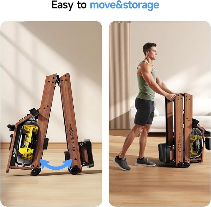 Water Rowing Machine for Home, Foldable Rower Machines with Comfortable Seat and Quick-Folding Design, Wooden Water Rower with 350LBS Weight Capacity