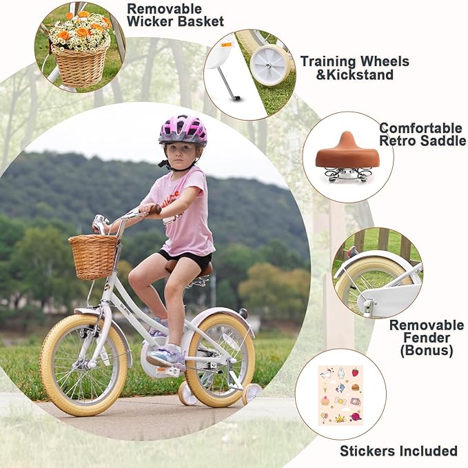 Glerc Little Molly 12-20 Inch Kids Retro Cruiser Bike for 2-13 Year Old with Wicker Basket & Training Wheels/Kickstand, Multiple Colors