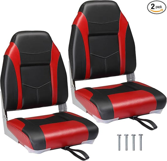 PEXMOR Boat Seats Low/High Back, Folding Boat Seat Included, Fold-Down Fishing Boat Seats Waterproof Captain Boat Seat w/Aluminum Hinges & Thick Soft Cushion, 2 Packs (High Back-Red & Black)