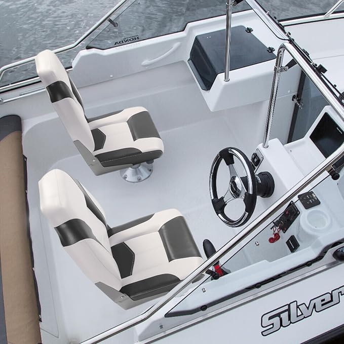 PEXMOR Boat Seats Low/High Back, Folding Boat Seat Included, Fold-Down Fishing Boat Seats Waterproof Captain Boat Seat w/Aluminum Hinges & Thick Soft Cushion, 2 Packs (High Back-Grey & White)