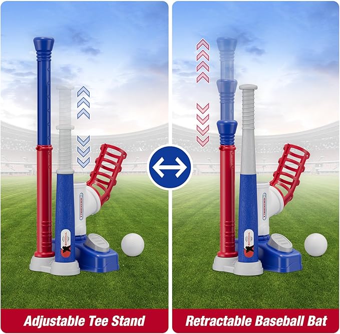 Tball Set for Toddlers 3-5, Tee Ball Set with Step on Pitching Machine/Adjustable Batting Tee/Retractable Baseball Bat/8 Pop Up Balls, Outdoor Sport Toy Games for Kids Boys
