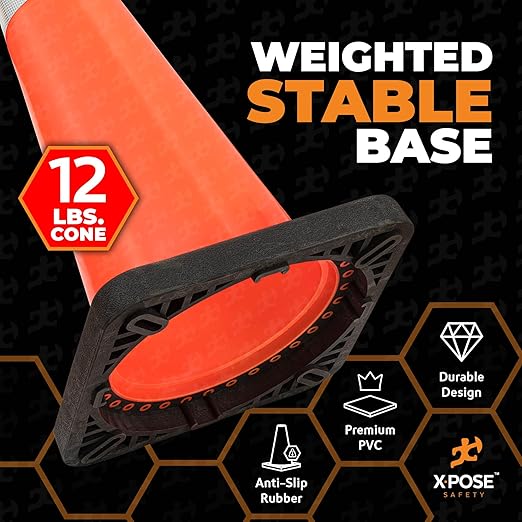 Xpose Safety 36 Inch Orange Traffic Cones Heavy Duty 12lb with 6" & 4" Collars, 8 Pack - Multipurpose PVC Plastic Safety Cone for Parking, Soccer, Caution, Kids and Construction - DOT Approved