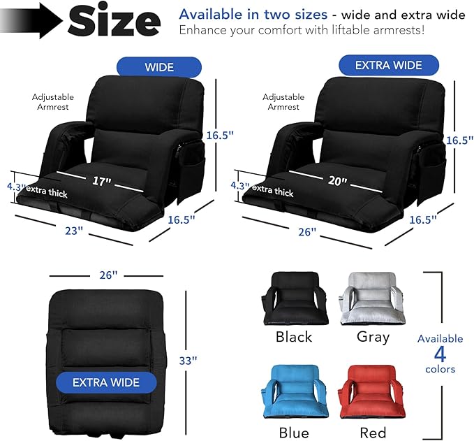 Extra Wide Stadium Seats With Back Support 2 Pack, Exclusive "Sofa Style" Design Thick Bleacher Chairs With Back and Cushion, 6 Reclining Positions - Ultimate Comfort for Sports Events (Black, 25")