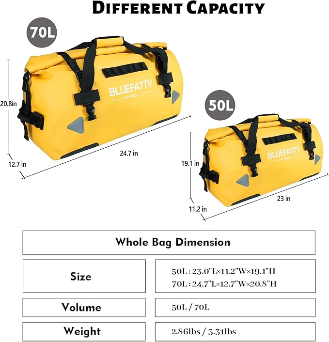 Large Waterproof Duffel Bag Roll-top Heavy Duty Dry Duffle Bags for Motorcycling, Rafting, Boating, SUP, Kayaking, Travel, 70L(Yellow)
