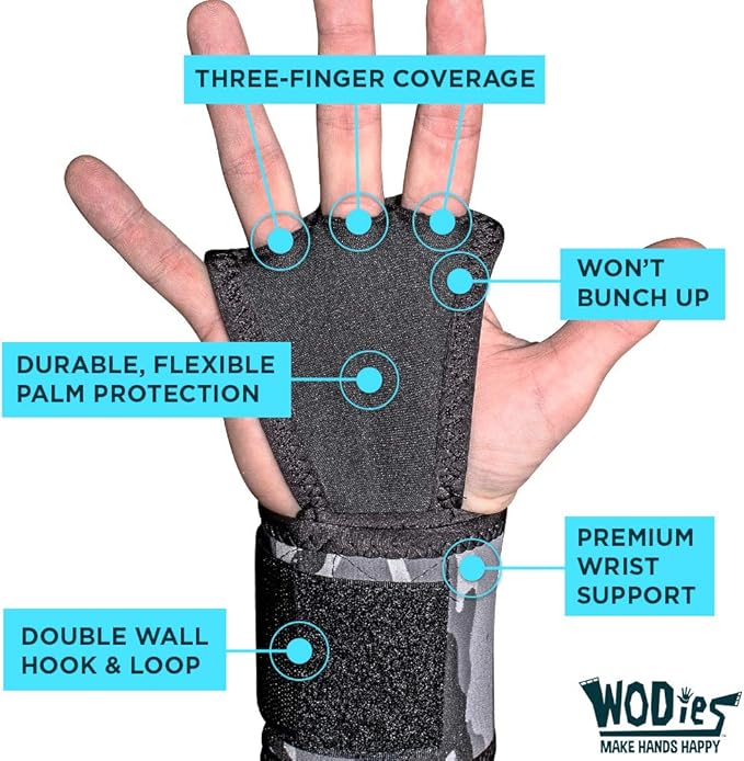 JerkFit WODies Gymnastics & Weightlifting Grips with Wrist Wraps – 3 Hole Versatile Gym Gloves for Pull Ups, Gym Training & Cross Training – Hand Grips Palm Protector for Men & Women