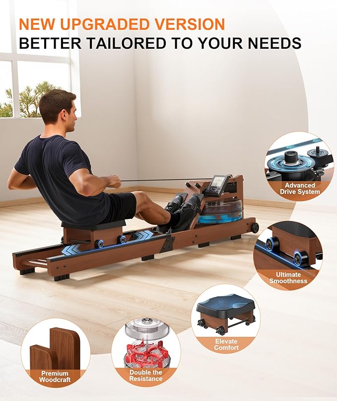 Rowing Machines for Home,Water Rowing Machine with Foldable Design,400LBS Capacity,LCD Monitor,Smooth Glide Rails,Comfortable Seat,Free App(Bluetooth) Supported for Immersive Water Rower&Home Gym