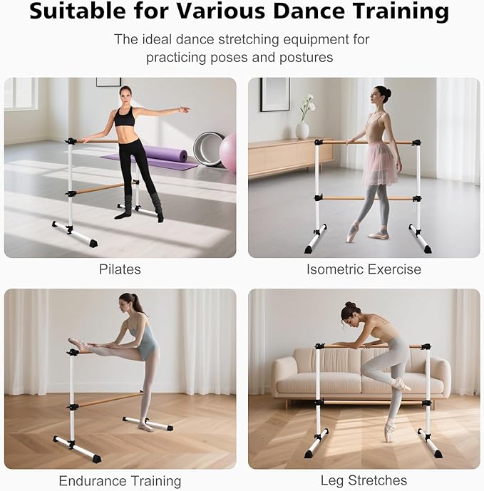 4FT/6FT Freestanding Ballet Barre Wood/Steel Height Adjustable from 7 to 46 inch Ballet Bar Portable Double Dance Bar for Home Workout and Stretch