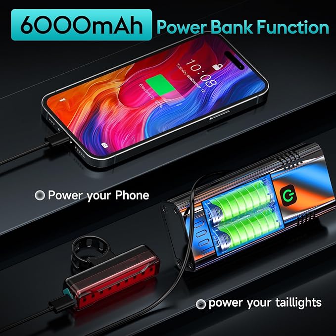 Upgrade Super Bright 6 LED Bike Light for Night Riding,3800 Lumens Aluminum Rechargeable Bicycle Light, 6000 mAh ，Runtime 48+hrs,10 Modes Waterproof Safety Bike Headlight Taillight for Outdoor Cycling