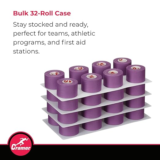 Cramer Team Color Athletic Tape, Purple, For Ankle, Wrist, and Injury Taping, Helps Protect and Prevent Injuries, Promotes Faster Healing, Athletic Training First Aid Supplies, 1.5", Bulk 32 Roll Case