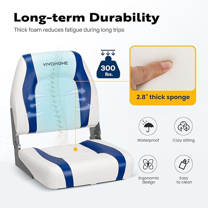 VIVOHOME Folding Low Back Boat Seats 2 Pack, Waterproof Boat Captain Chairs, 4 Mounting Screws Included, White and Blue