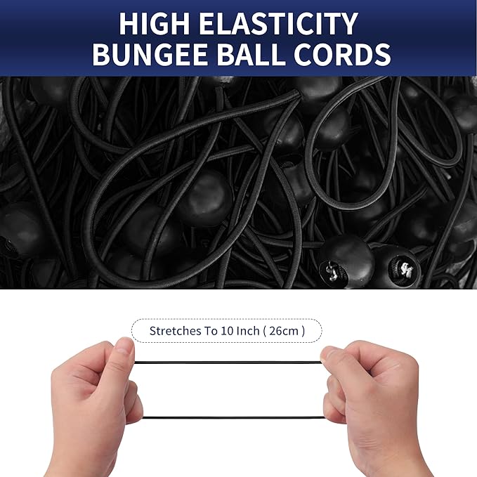 6 Inch Ball Bungee Cords, Heavy Duty UV Resistant Elastic Strap, Reusable Tie Down Cord with Balls, Indoor Outdoor Cords for Golf Net, Soccer Goals, Camping, Tent Poles, Hose (Black, 20 Pack)