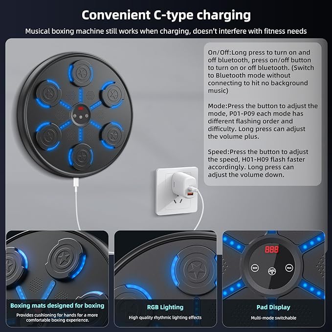 Second Generation Music Boxing Machine with Boxing Gloves, Boxing Machine Wall Mounted Music, Smart Bluetooth Music Boxing Trainer with Gloves, Music Boxing Machine for Adults, Home, Indoor and Gym