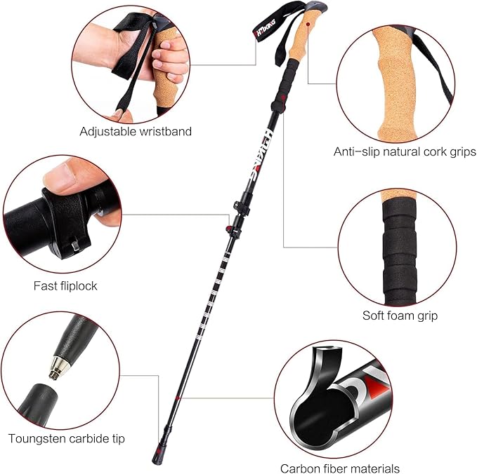 Carbon Fiber Trekking Poles Telescopic Walking Sticks Lightweight Collapsible Hiking Poles with Cork and EVA Foam Grips & Quick Adjustable Flip Locks, All-Terrain Accessories for Backpacking Camping