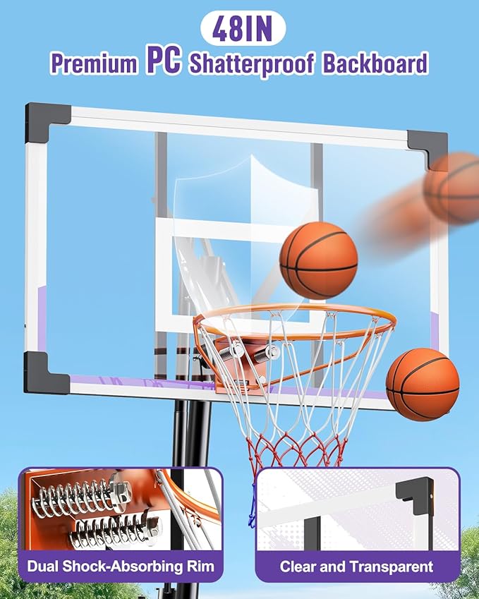 TONBUX Basketball Hoop Outdoor 44/48 Inch Shatterproof PC Backboard, 5.25-10FT Stepless Adjustable Height, Portable Basketball Hoop for Kids/Teens/Adults in Backyard, Driveway and Indoor