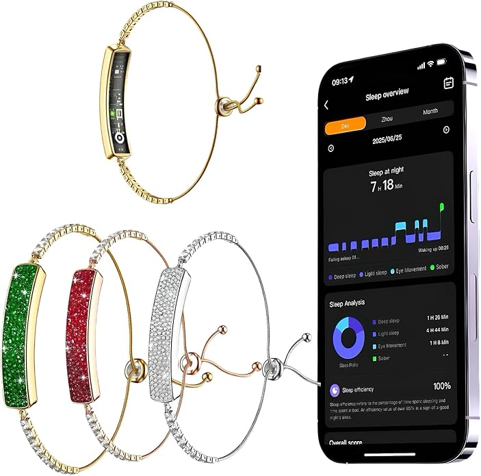 Smart Bracelet for Women 5ATM Waterproof Fitness Tracker with Heart Rate/Blood Oxygen/HRV/Sleep Monitor/Female Menstrual Cycle Activity Tracking Fashion Diamond Bracelet with 2 Bands