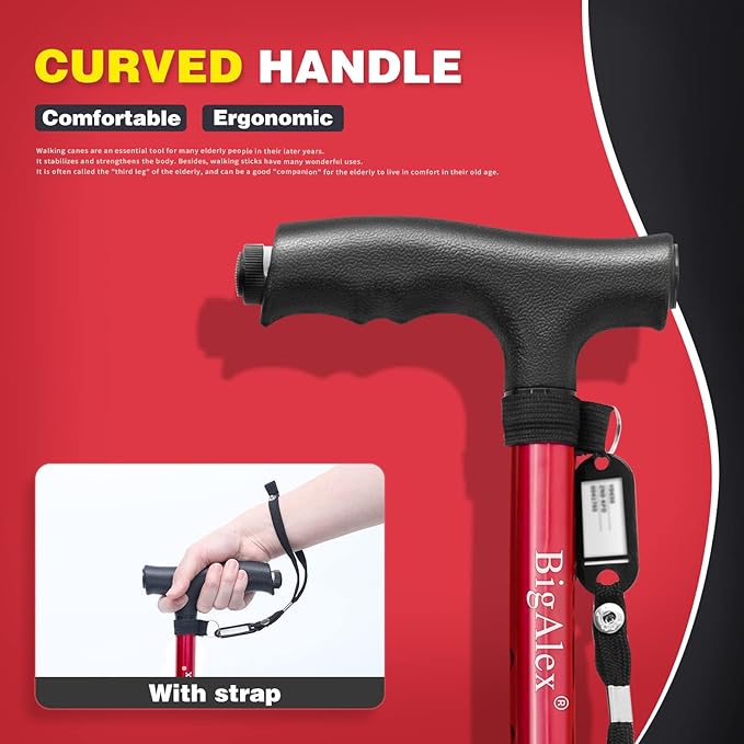 BigAlex Folding Walking Cane with LED Light,Pivoting Quad Base,Adjustable Walking Stick with Carrying Bag for Men/Women(5'5''-6'3'' Red)