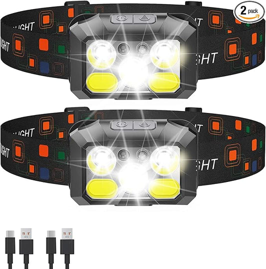 Rechargeable LED Headlamp 2-Pack, 800 Lumens, USB-C, IPX4 Waterproof, 8 Modes, Red & White Light — Lightweight, Adjustable, Hard Hat Clips Included; for Camping, Hiking, Running, Fishing & Repairs