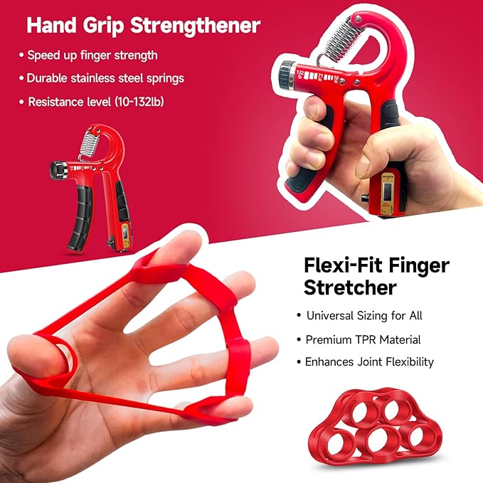FitBeast Hand Grip Strengthener Workout Kit (5 Pack), 2 Forearm Grip Adjustable Resistance Hand Gripper, Finger Stretcher, Grip Ring & Stress Relief Grip Ball for Athletes
