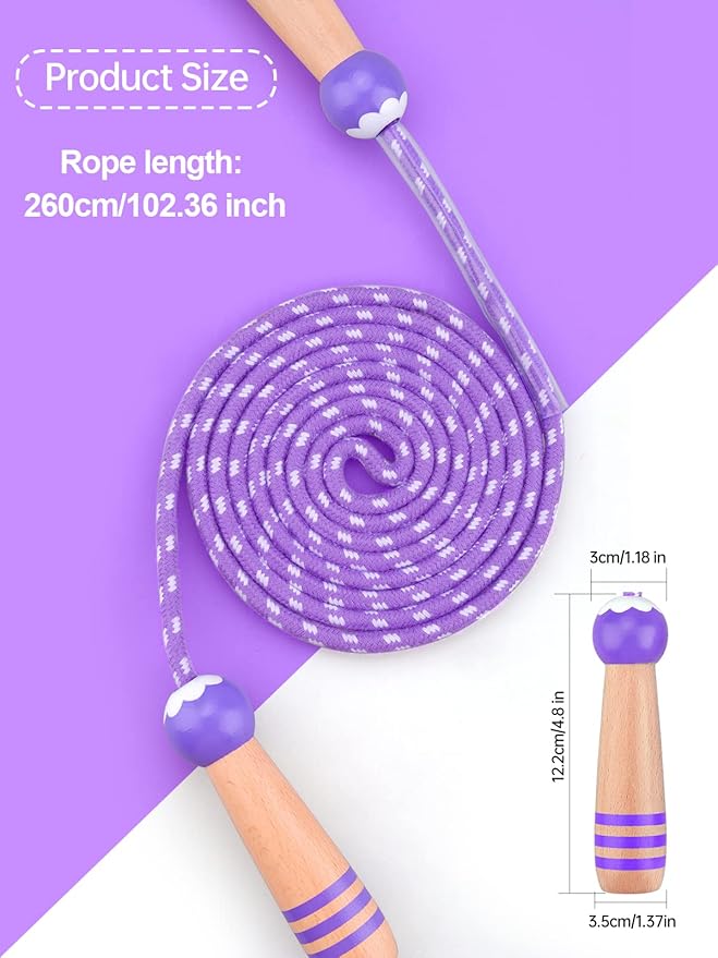 Lorvain Jump Rope for Kids, Adjustable Kids Jump Ropes for Girls Boys Toddler Fitness, Cotton Skipping Rope with Wooden Handle for Outdoor Fun Activities Exercise