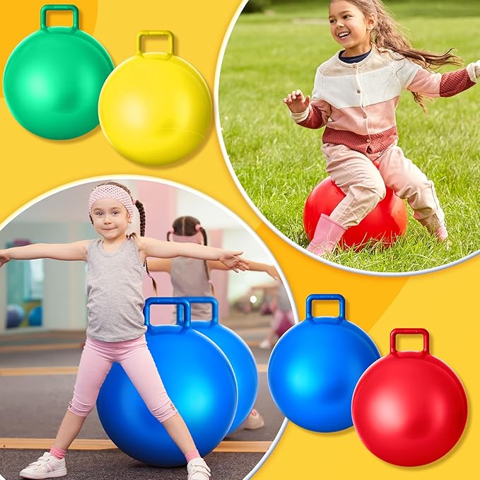 Lewtemi 4 Pcs 22 Inch Hopper Ball Carnival Outdoor Games Jumping Hopping Inflatable Bouncing Ball with Handle and Air Pump for Kids Adult Sport Exercise
