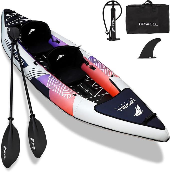 UPWELL 13'6”/11' Inflatable Recreational Kayak - 2 Person with Drop Stitch Floor and Accessories Including Kayak Seats with High Back Support, Paddle, Fin, Repair Kits, Carry Bag and Hand Pump