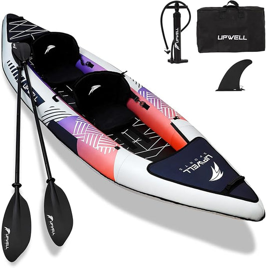 UPWELL 13'6”/11' Inflatable Recreational Kayak - 2 Person with Drop Stitch Floor and Accessories Including Kayak Seats with High Back Support, Paddle, Fin, Repair Kits, Carry Bag and Hand Pump