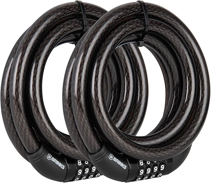 BRINKS 6 ft Outdoor Heavy Duty Bike Lock Cable 2 Pack, Thick, Anti Theft Self-Coiling Design, Resettable 4-Dial Combination, 5/8" Weather-Resistant Vinyl Coating for Bikes
