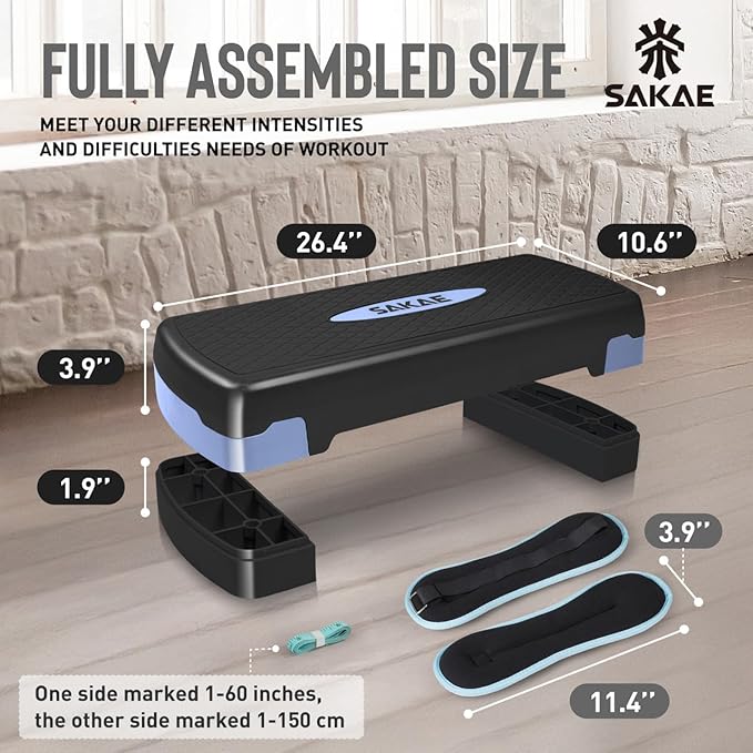 SAKAE Exercise Step Platform Set with Ankle Weights & Measuring Tape, Adjustable Height 2 Level Risers Workout Step Trainer, Aerobic Steppers for Home Gym Exercise Fitness Workout, Multiple Colors