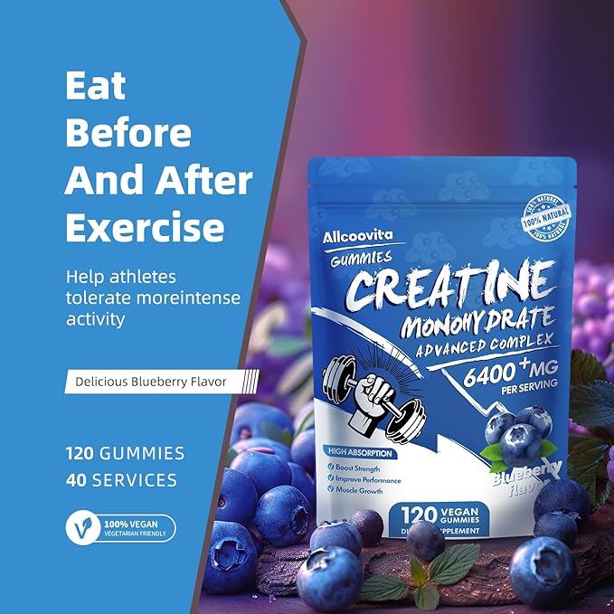 Creatine Monohydrate Gummies Complex for Men & Women - 120 Gummies Advanced Formula, L-Taurine + Vitamin B12 for Muscle Strength, Muscle Builder, Energy Boost, Pre-Workout Supplement -Blueberry