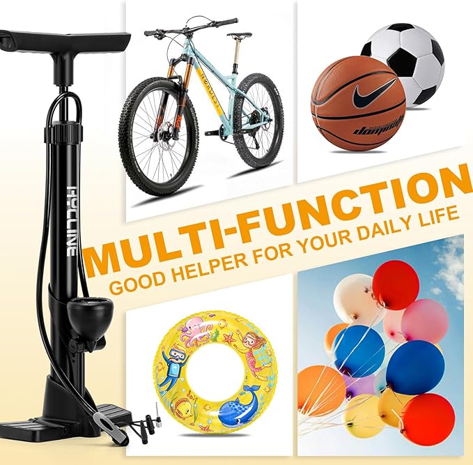 Hycline Bike Floor Pump with Gauge: 160 PSI High Pressure Bicycle Pumps - Durable Air Pump Fits Presta & Schrader Valve - Inflator for Road MTB Tire, Ball, Balloon, Inflatables