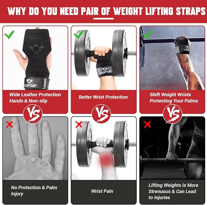 Weight Lifting Wrist Strap, Double Layer Leather Wrist Strap for Deadlift and Powerlifting, Adjustable Neoprene Padded Gym Workout Lifting Hooks (Pair)