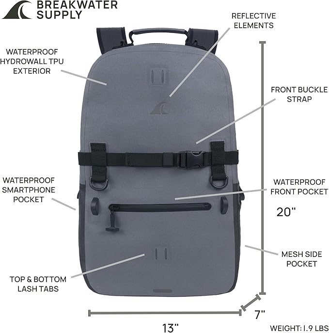 Breakwater Supply™ Waterproof IP68 Submersible Backpack with Airtight Zippers | Laptop Travel Outdoors | Fogland 25L 20L 15L