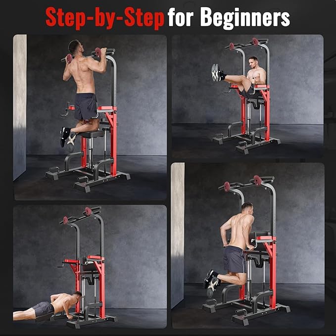 Pooboo Power Tower Dip Station Pull Up Bar for Fitness Home Gym Workout,Multi-Function Adjustable Height Fitness Strength Training Exercise Equipment,with Power Elastic Ropes