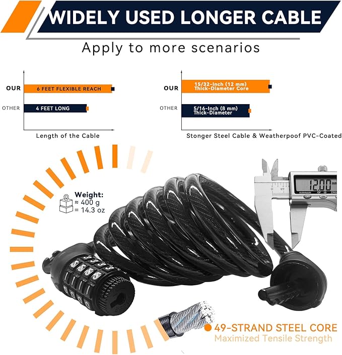 SEPOX® 2Pcs Pack 6FT Extra Long Cable Combination Bike Locks, 4 Digits Retractable Security Lock, 12mm Heavy Duty Anti Theft Anti Rust Cable for Bicycle, Scooter, Gate, Outdoor Equipment, Weatherproof