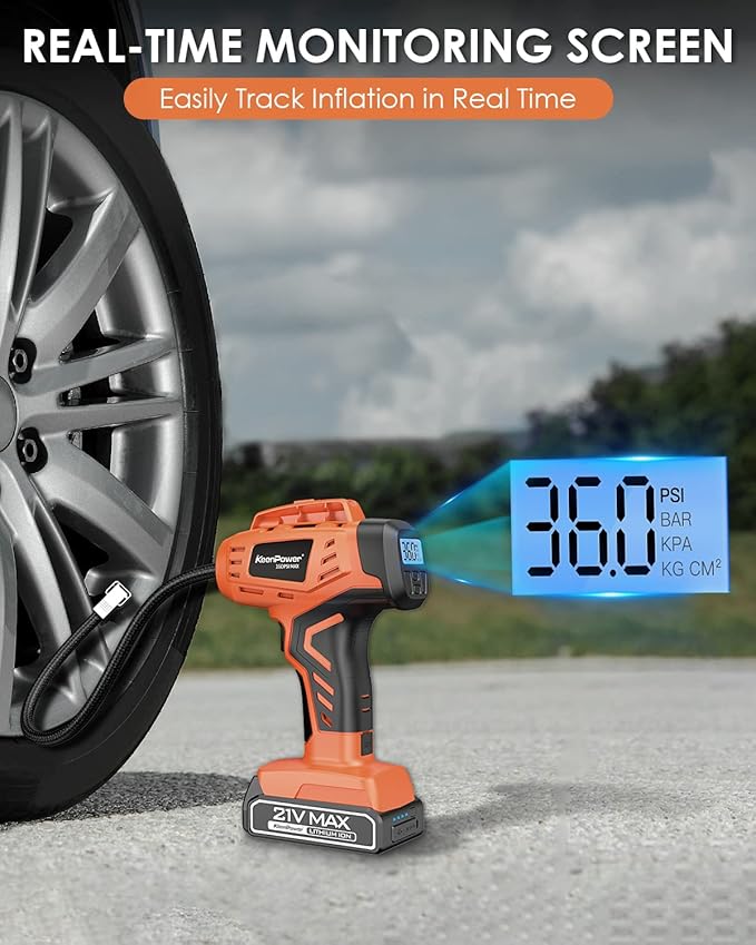 Tire Inflator Air Compressor, 21V Cordless Car Tire Pump with Rechargeable Li-ion Battery, 12V Car Power Adapter, Digital Pressure Gauge, Suitable for Cars E-bikes Balls Motorcycles