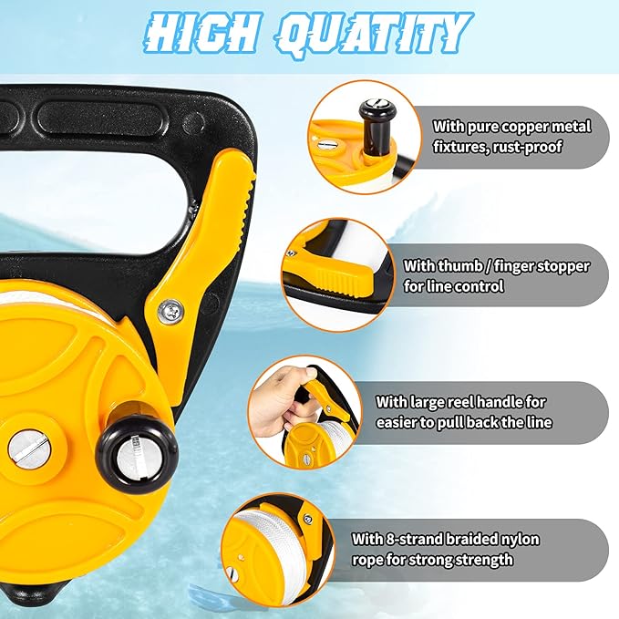 Compact 150ft Scuba Dive Reel Kayak Anchor with Thumb Stopper for Safety Underwater Diving Snorkeling