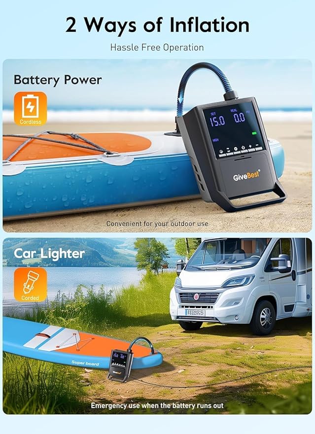 GiveBest Rechargeable Paddle Board Pump, 20 PSI High Pressure and 30% Faster Dual Stage SUP Air Pump with Auto-Off, 3x4500MAH, Inflation and Deflation Function for Paddle Boards, Boats, Kayak and Tent