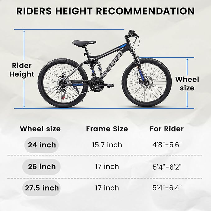 Ecarpat 24/26/27.5 Inch Mountain Bike, Dual/Front Suspension Mens Mountain Bike with 21 Speeds High-Carbon Steel Frame and Disc/V Brakes, Adult Sport Bicycle for Trail Snow Commuter City Road