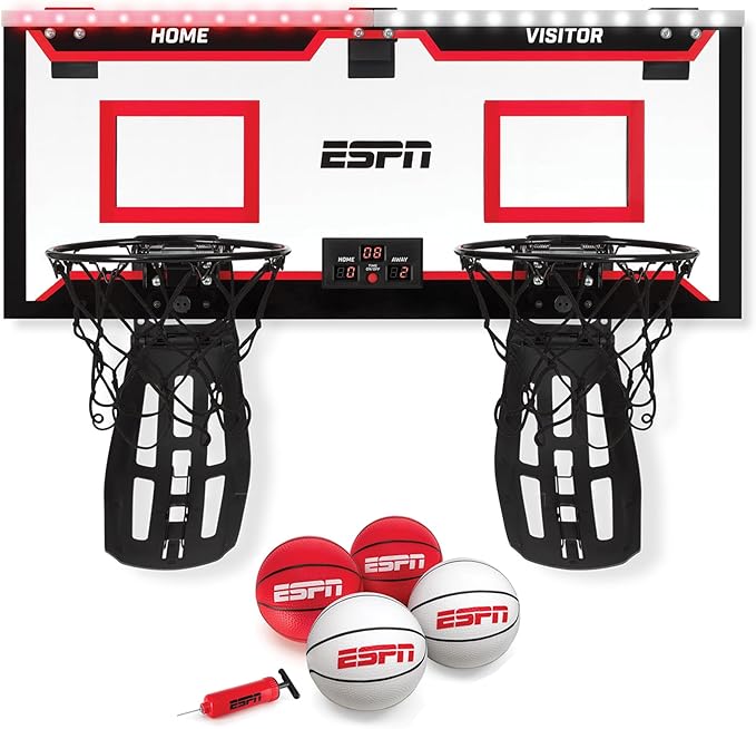 ESPN Mini Basketball Hoop, Over The Door Basketball Hoop with 2 Foldable Breakaway Rims and Ball Return for Two Player Games, Includes 4 Mini Basketballs and Pump