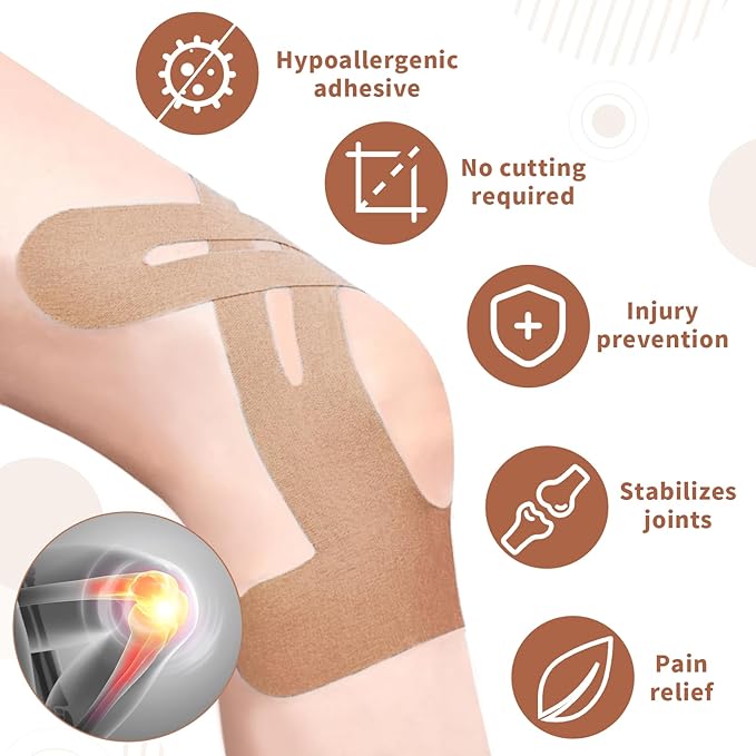 10PCS Kinesiology Tape for Knees, Kinesiology Tape Precut Strips for Knee Support & Stability, Waterproof Breathable Elastic Sports Tape for Pain Relief, Athletic Tape for Muscle & Joint, Beige