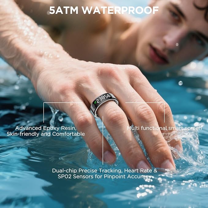 Smart Rings for Men with Display Screen, Fitness Ring with Wireless Charging, Sleep Tracker Ring with Heart Rate, Health Rings for Activity Monitoring/Steps/Calories, for iOS Android (Black,9#)