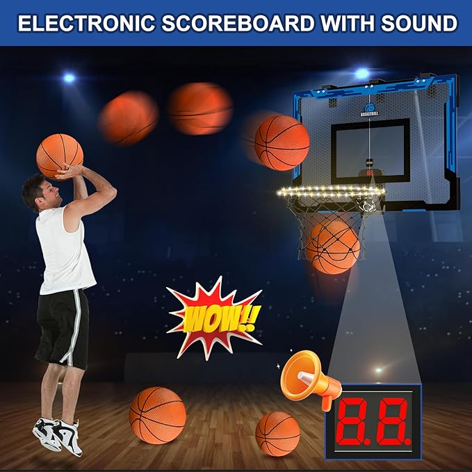 24" x 16" Large Basketball Hoop Indoor for Adults, Over The Door Basketball Hoop with Electronic Scoreboard/LED Rim, Big Basketball Toys Gifts Ideas for Man Kids Teens Boys Girls, Blue