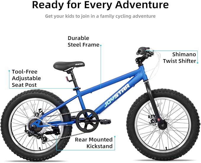 JOYSTAR 20 Inch Mountain Bike for Kids Ages 7-12 Year Old, 3-Inch Wide Knobby Tires, 7 Speed Shimano Drivetrain, Disc Brakes, Fat Tire Kids Bicycles for Boys Girls